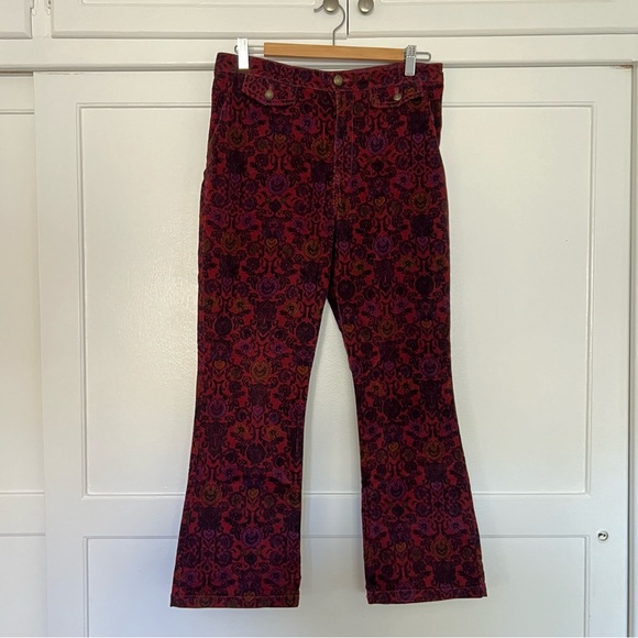Free People Paisley Cropped Micro Corduroy Pants Wine Red Ribbed Floral Size 10 - Picture 6 of 11